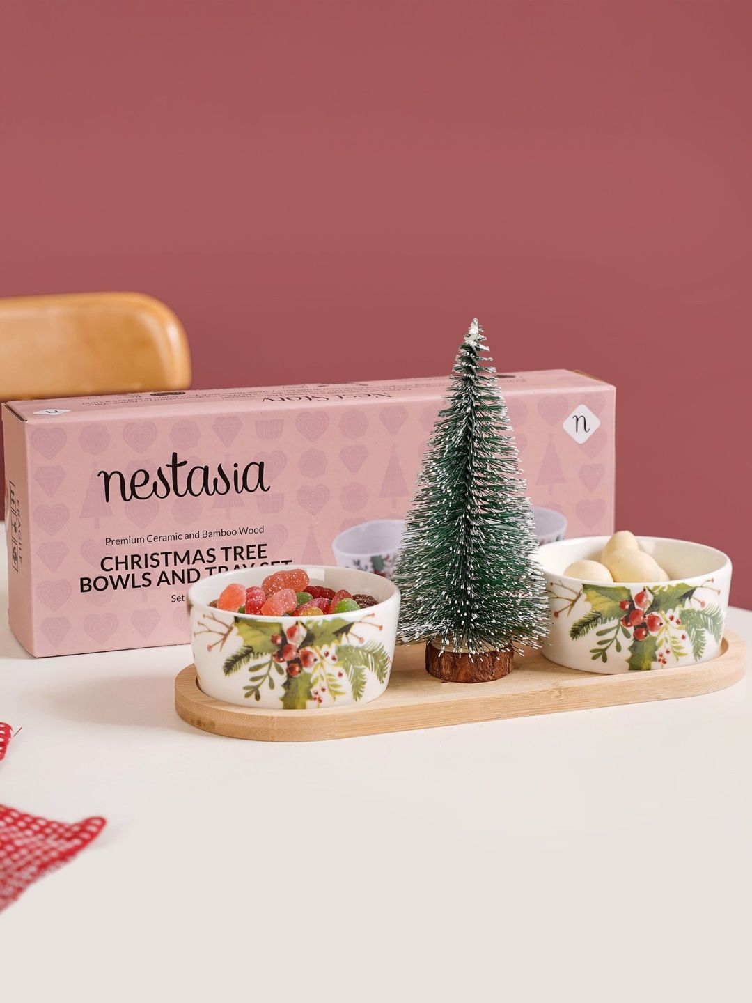Buy Nestasia Brown 4 Pieces Ceramic Christmas Pine Tree Serving Bowls With Trays -  - Home for Unisex