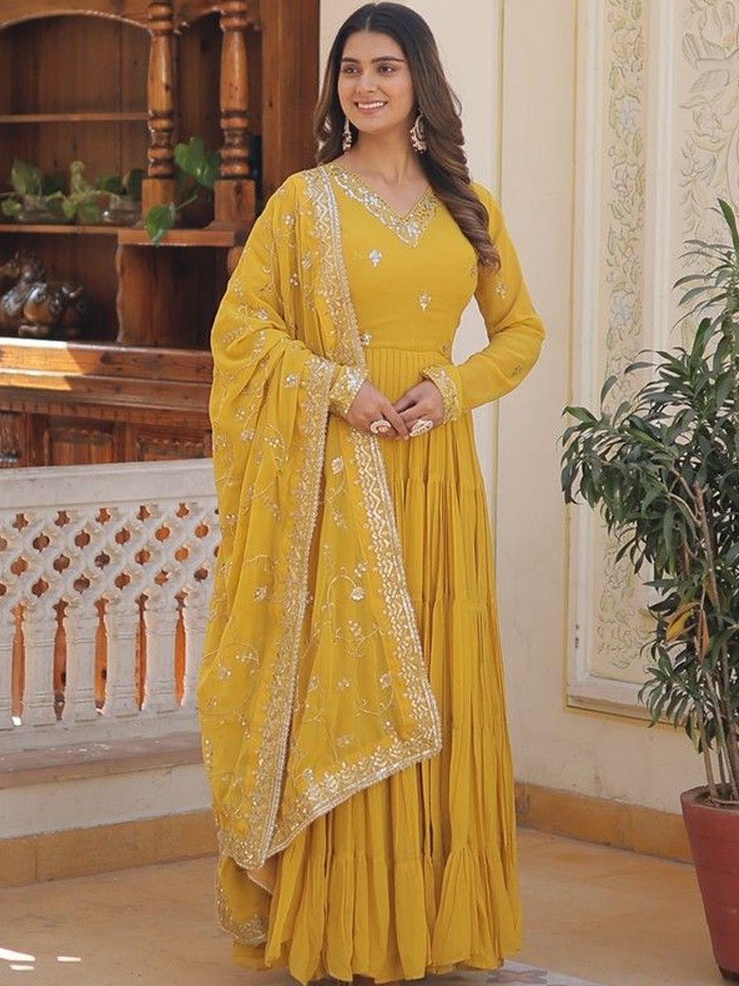 Livewear Embroidered Sequinned V-Neck Long Sleeves Georgette Dress With Dupatta