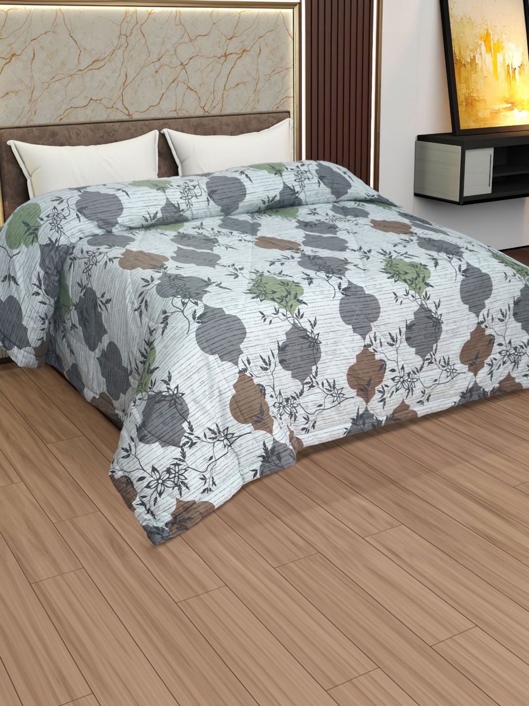Utopia Bedding Grey Melange & White Floral Microfiber Mild Winter 300 GSM Comforter