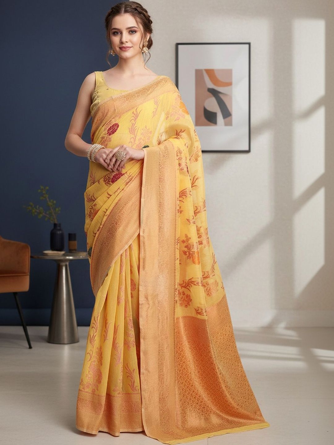 THREAD BOX Floral Linen Blend Banarasi Saree