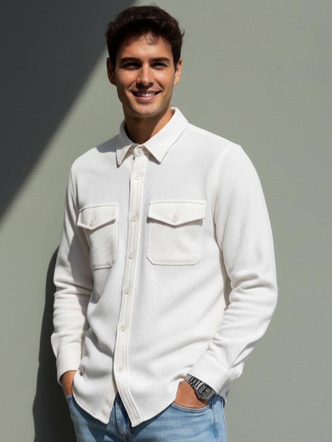 VEYTRO Textured Spread Collar Jacquard Fabric Casual Shirt