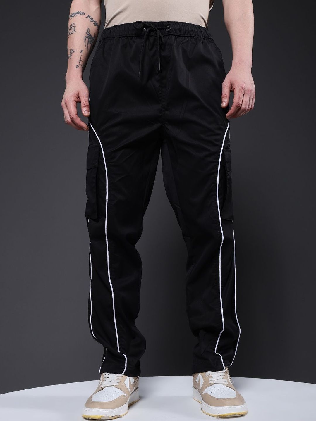 PRONK Men Striped Relaxed Fit Cargo Track Pants
