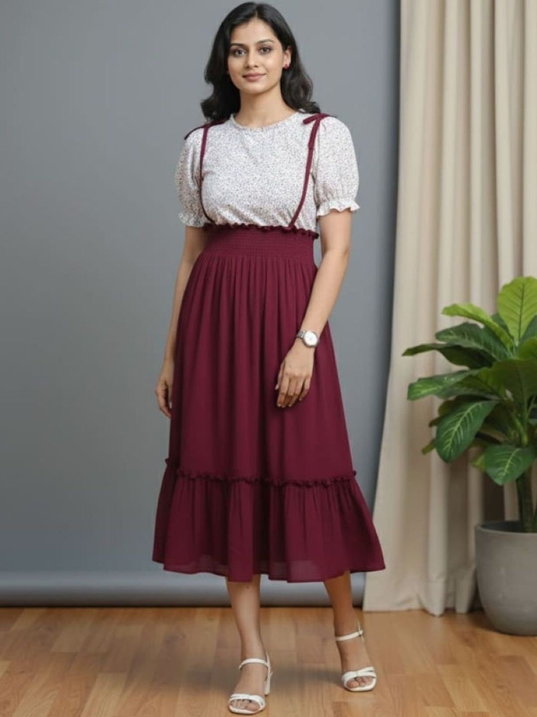 Ethniclook Floral Print Puff Sleeve Pinafore Midi Dress
