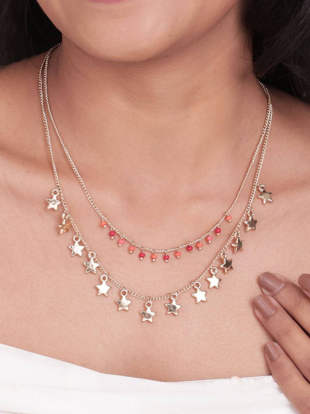 Buy ToniQ Star Charms Gold Layered Necklace With Red & Orange Beads -  - Accessories for Women