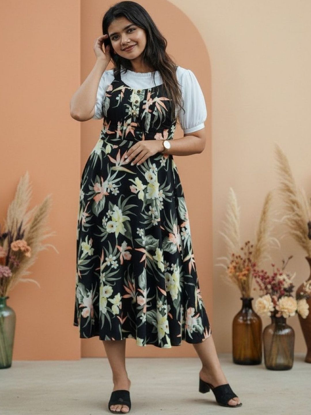 Ethniclook Floral Print Puff Sleeve Pinafore Midi Dress
