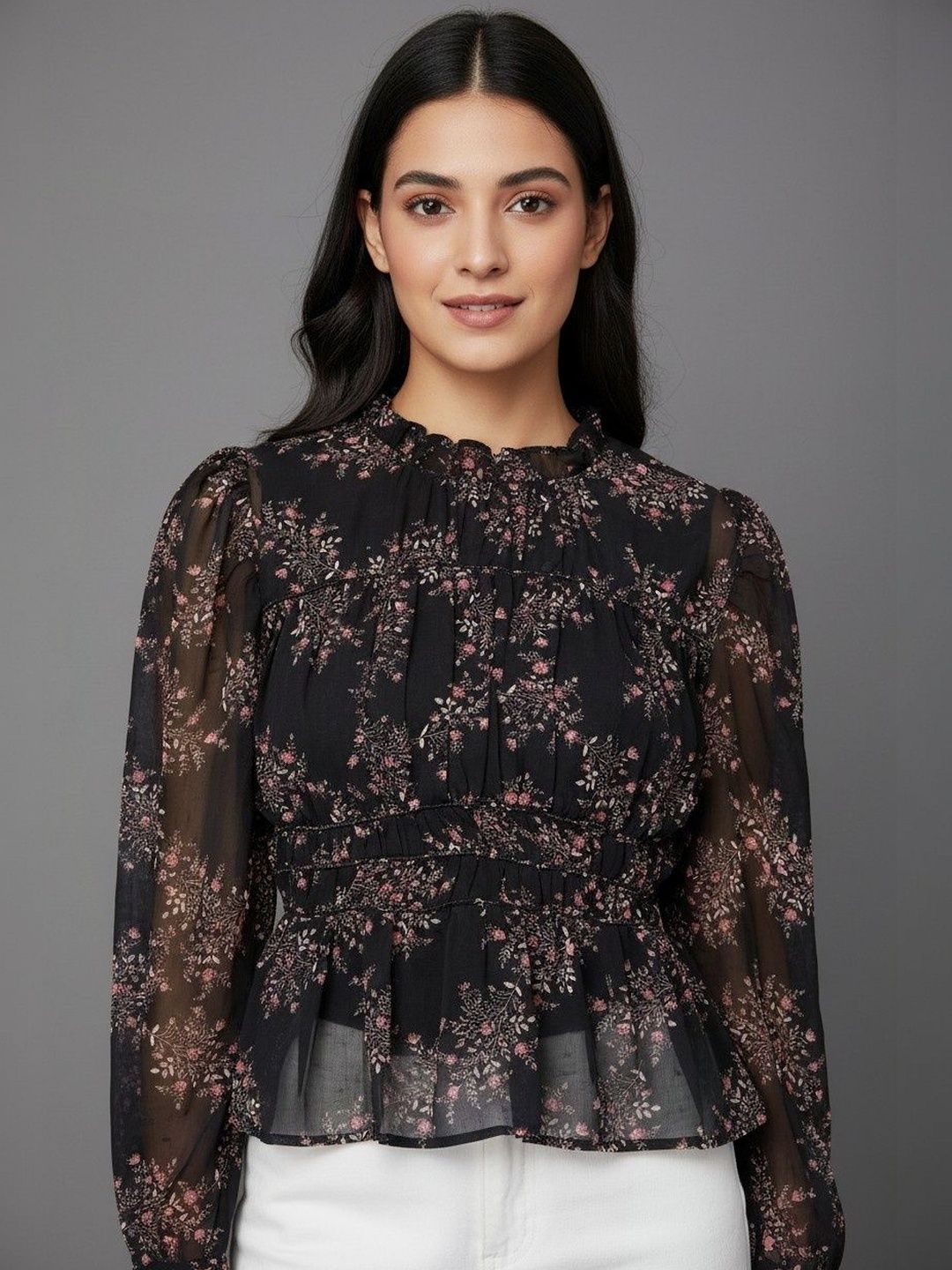 NoBarr Floral Print Bishop Sleeves Peplum Top