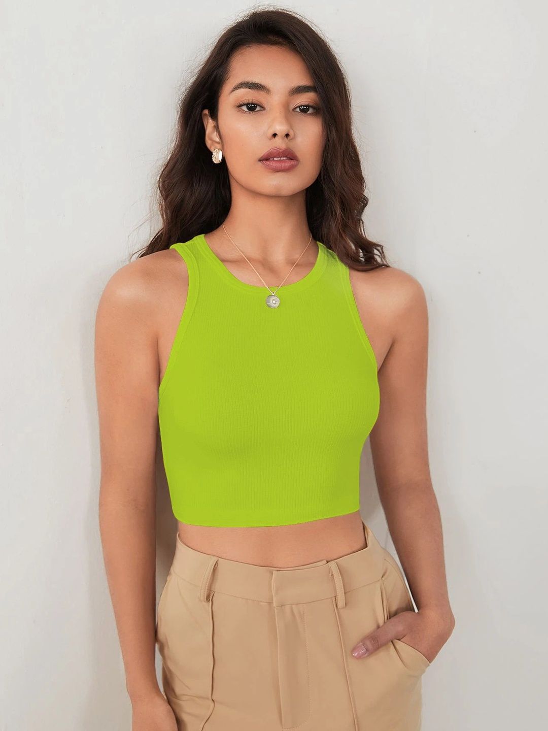 KERI PERRY Ribbed Solid Lycra Sleeveless Crop Top