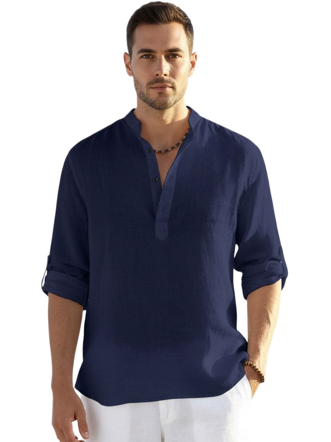 Bellstone Men Solid Regular Fit Mandarin Collar Cotton Blend Casual Shirt