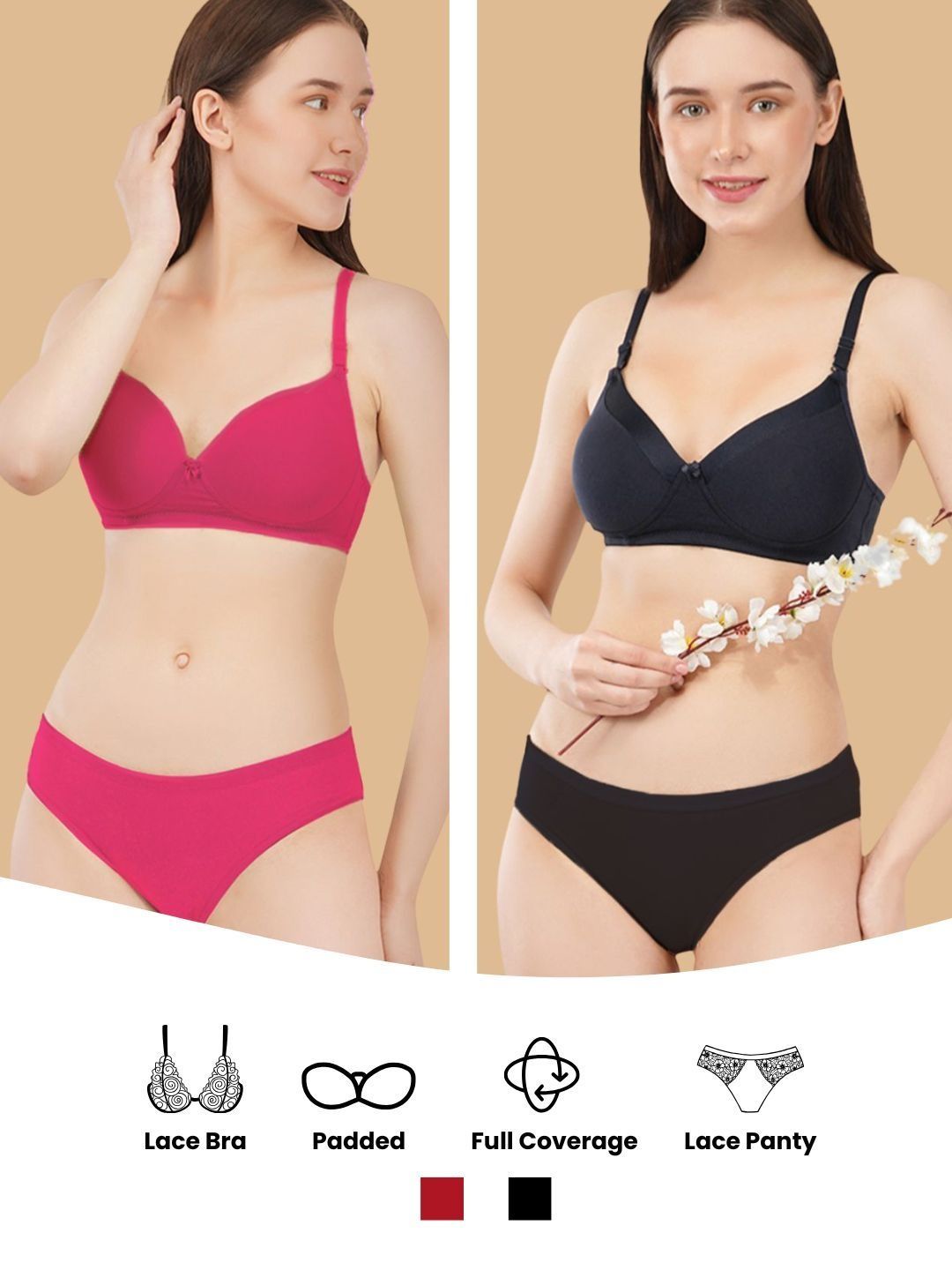 happybra Pack of 2 Cotton Lightly Padded Lingerie Set