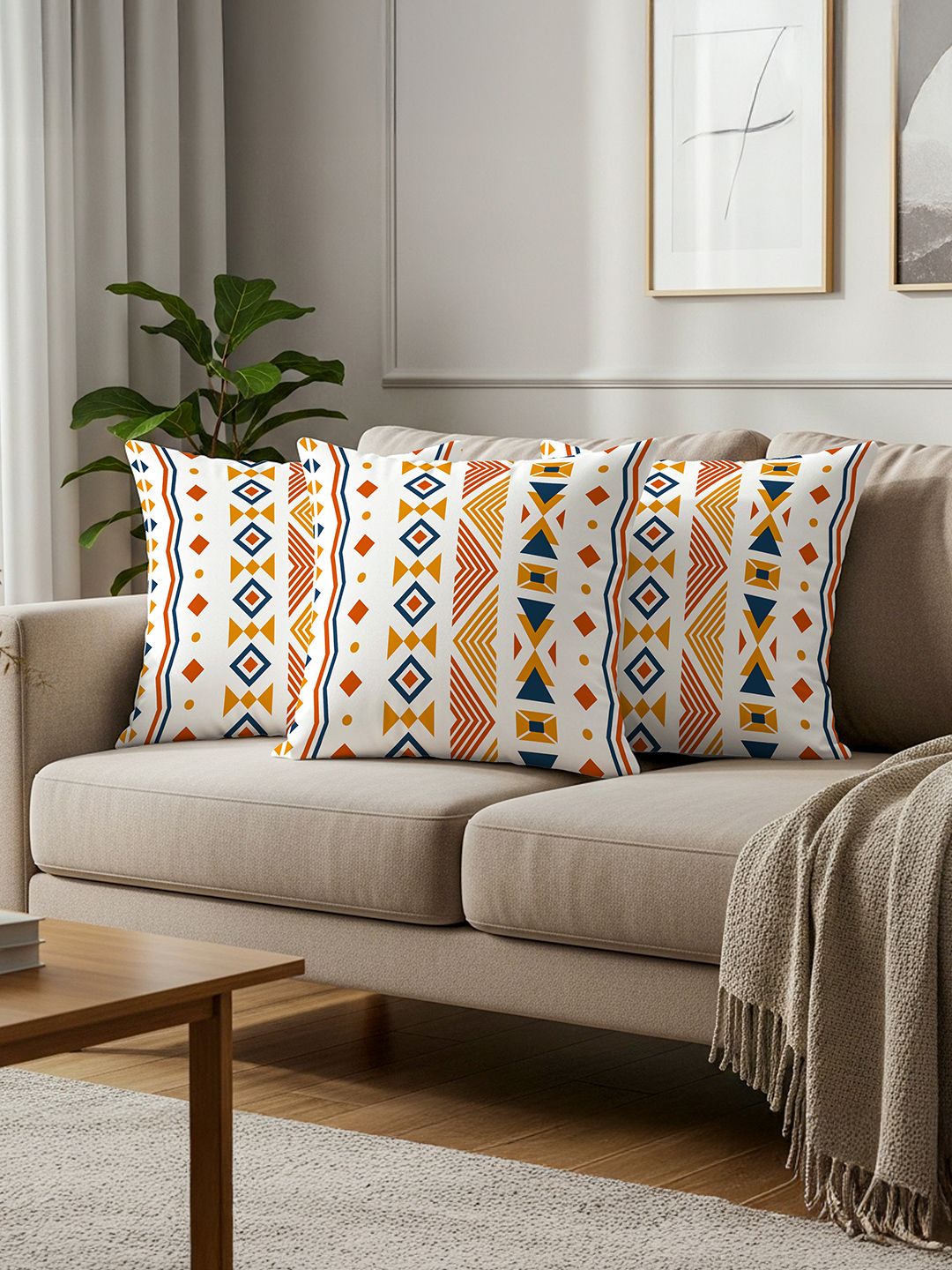 URBAN SPACE Orange & Off White Pack of 3 Printed Square Cushion Covers