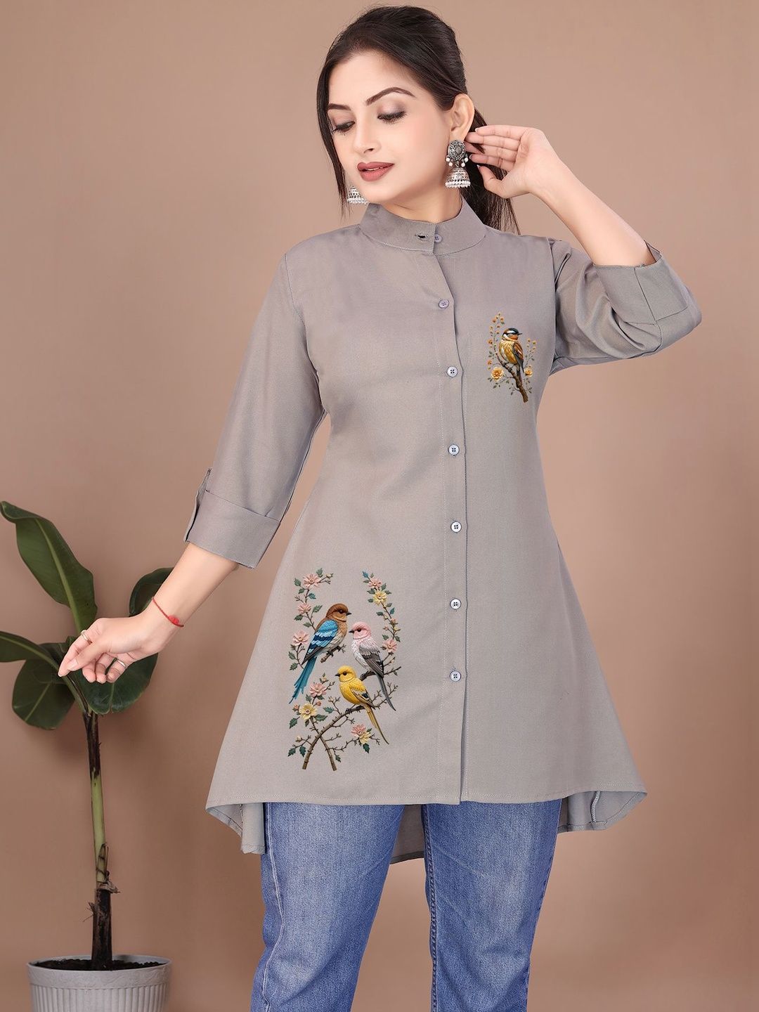 SHREEZON Mandarin Collar Embroidered Ethnic Tunic