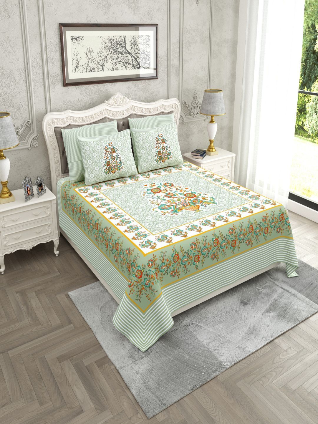 Buy JAIPUR FABRIC Green Floral 220 TC Super King Bedsheet With 2 Pillow Covers -  - Home for Unisex