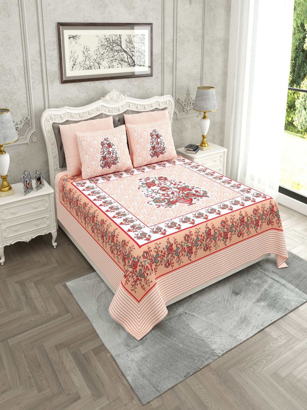 Buy JAIPUR FABRIC Peach Coloured Floral 220 TC Bedsheet With 2 Pillow Covers -  - Home for Unisex