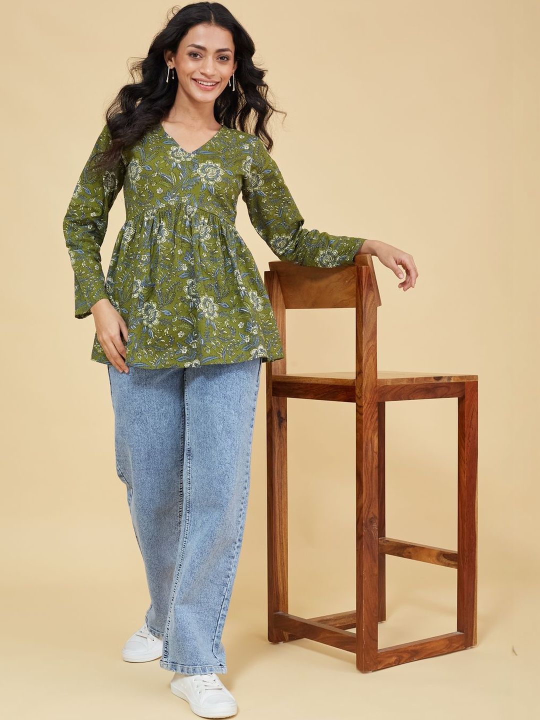 AKSHADEEP Floral Print Cotton Peplum Top