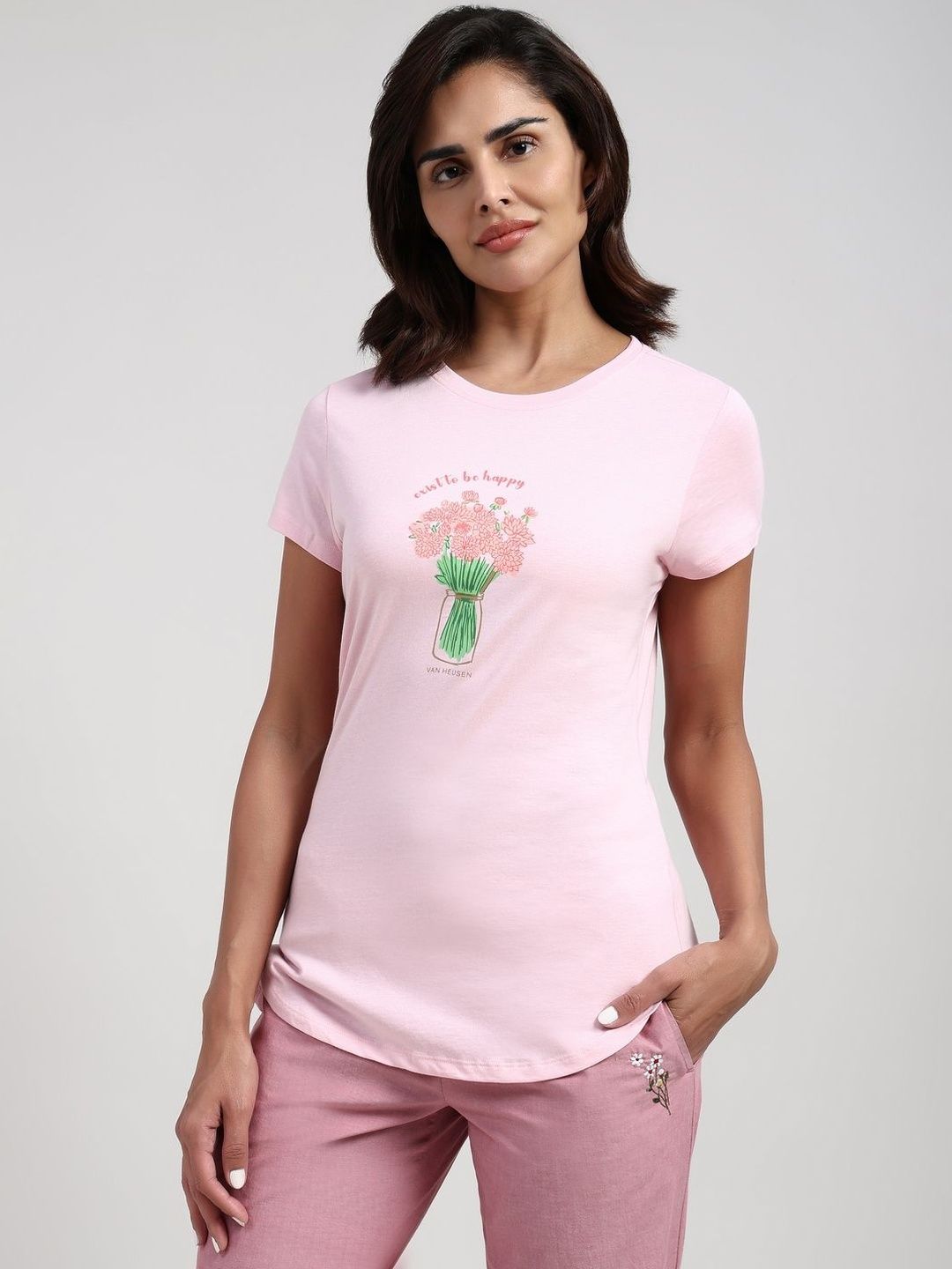 Women Front Print Round Neck Short Sleeve Lounge T-shirt