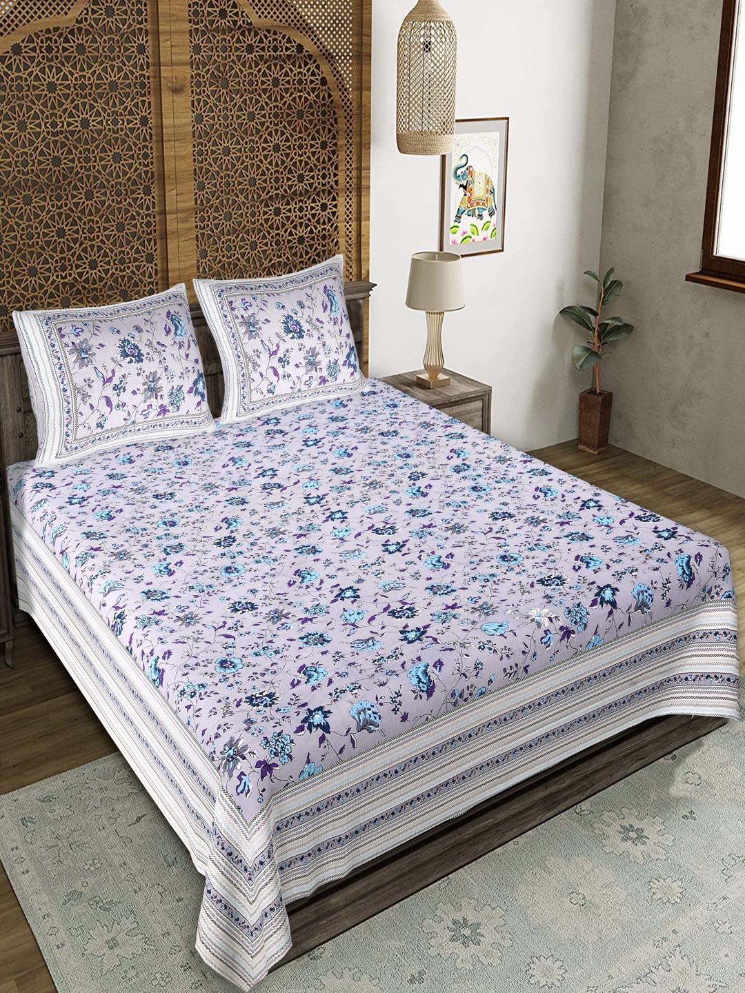 JEEVAT Purple Floral 220 TC King Bedsheet with 2 Pillow Covers