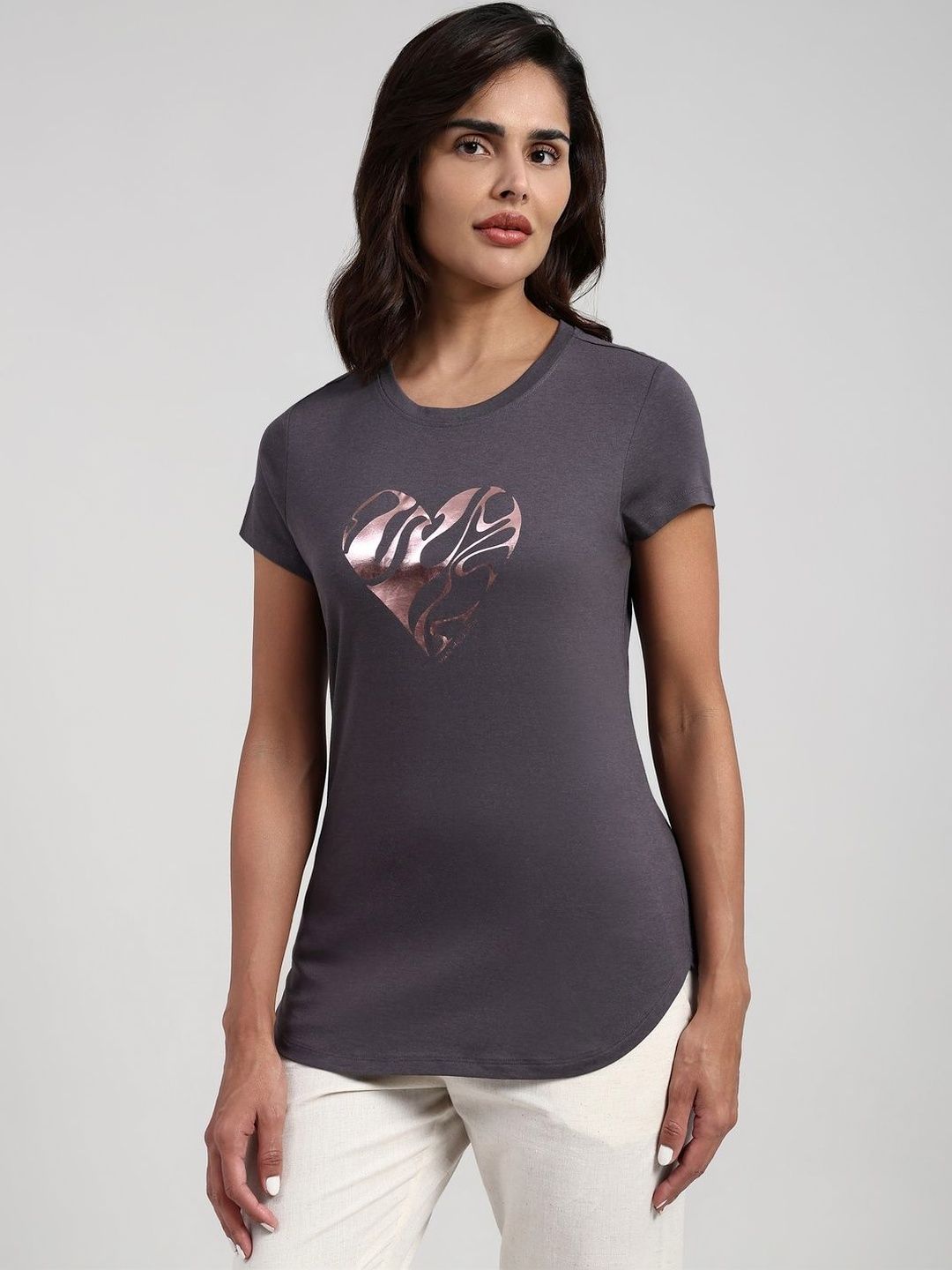 Women Front Print Round Neck Short Sleeve Lounge T-shirt