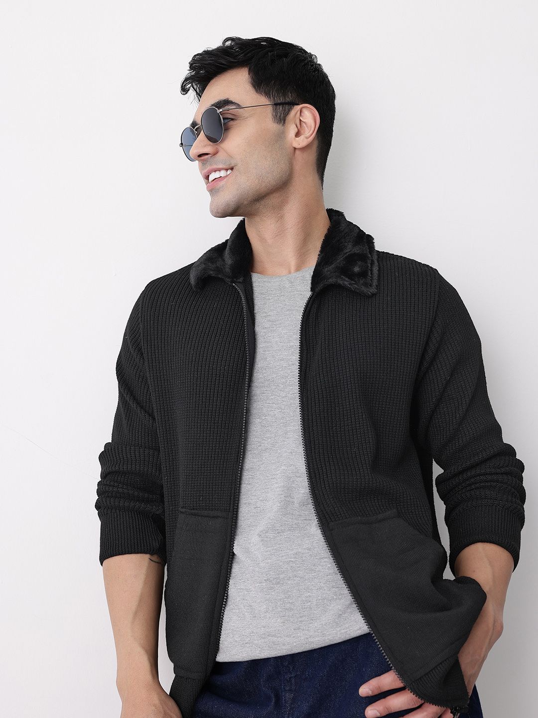 Mast & Harbour Ribbed Faux Fur Detail Spread Collar Cardigan Sweaters