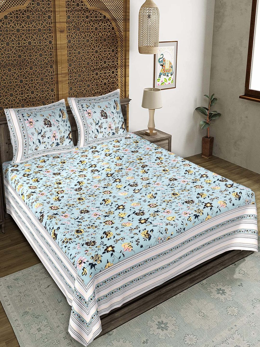 JEEVAT Grey Floral 220 TC King Bedsheet with 2 Pillow Covers