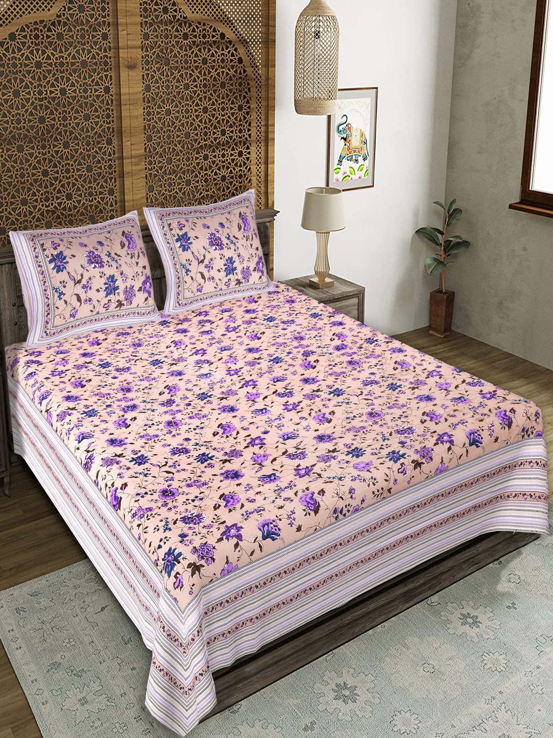 JEEVAT Coffee Brown Floral 220 TC King Bedsheet with 2 Pillow Covers