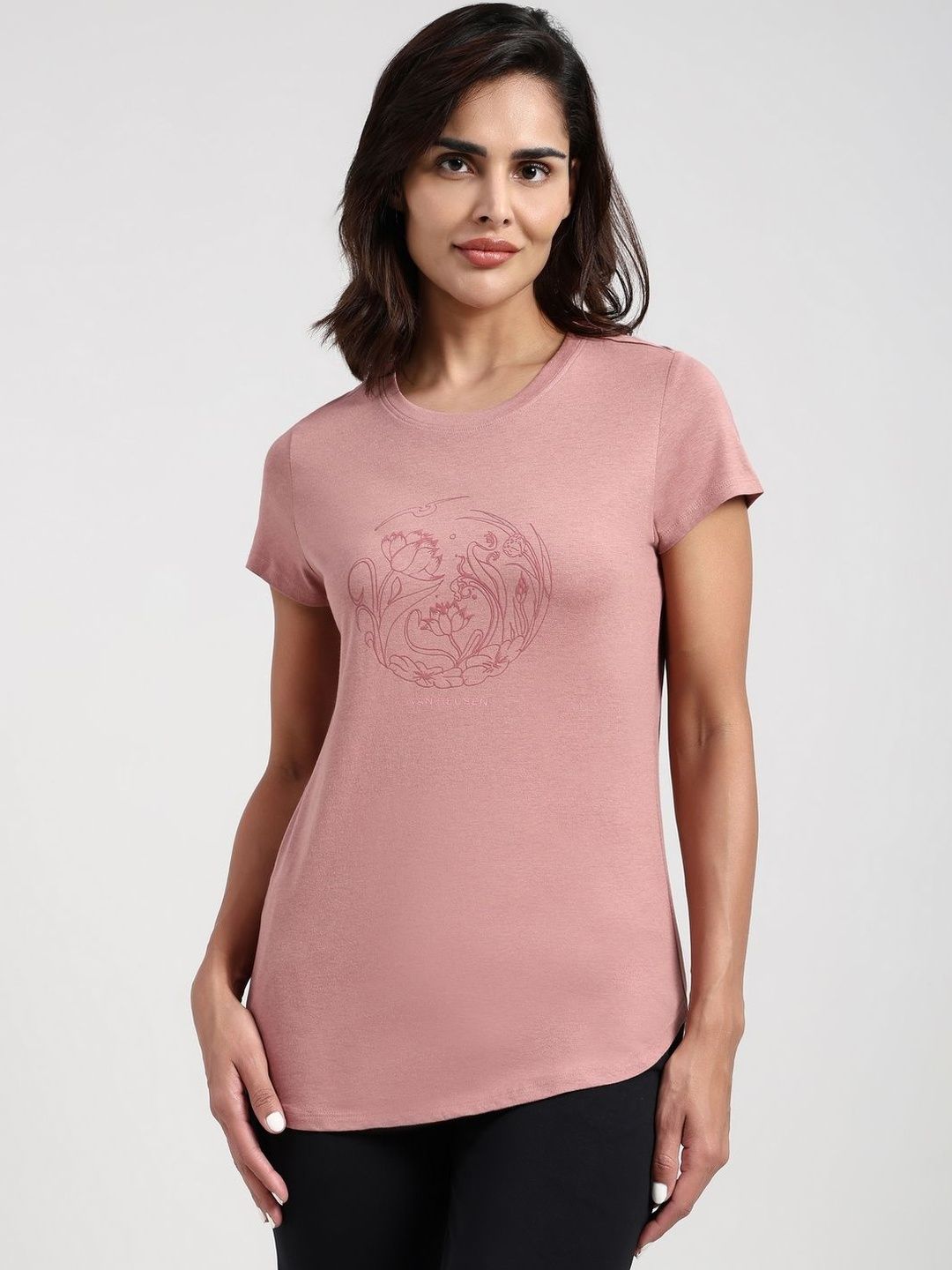 Women Front Print Round Neck Short Sleeve Lounge T-shirt