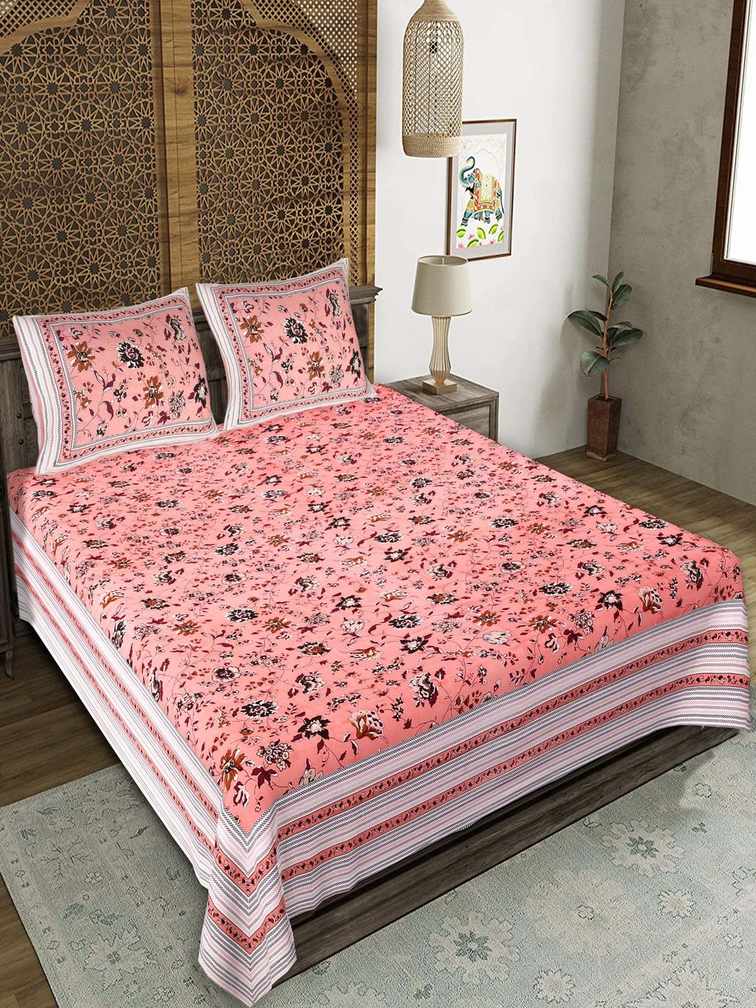JEEVAT Peach-Coloured Floral 220 TC King Bedsheet with 2 Pillow Covers