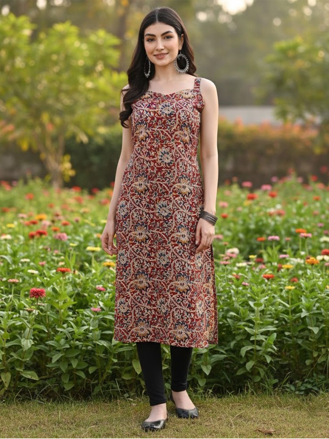 GULMEHAK Floral Printed Sweetheart Neck Pure Cotton Kurta