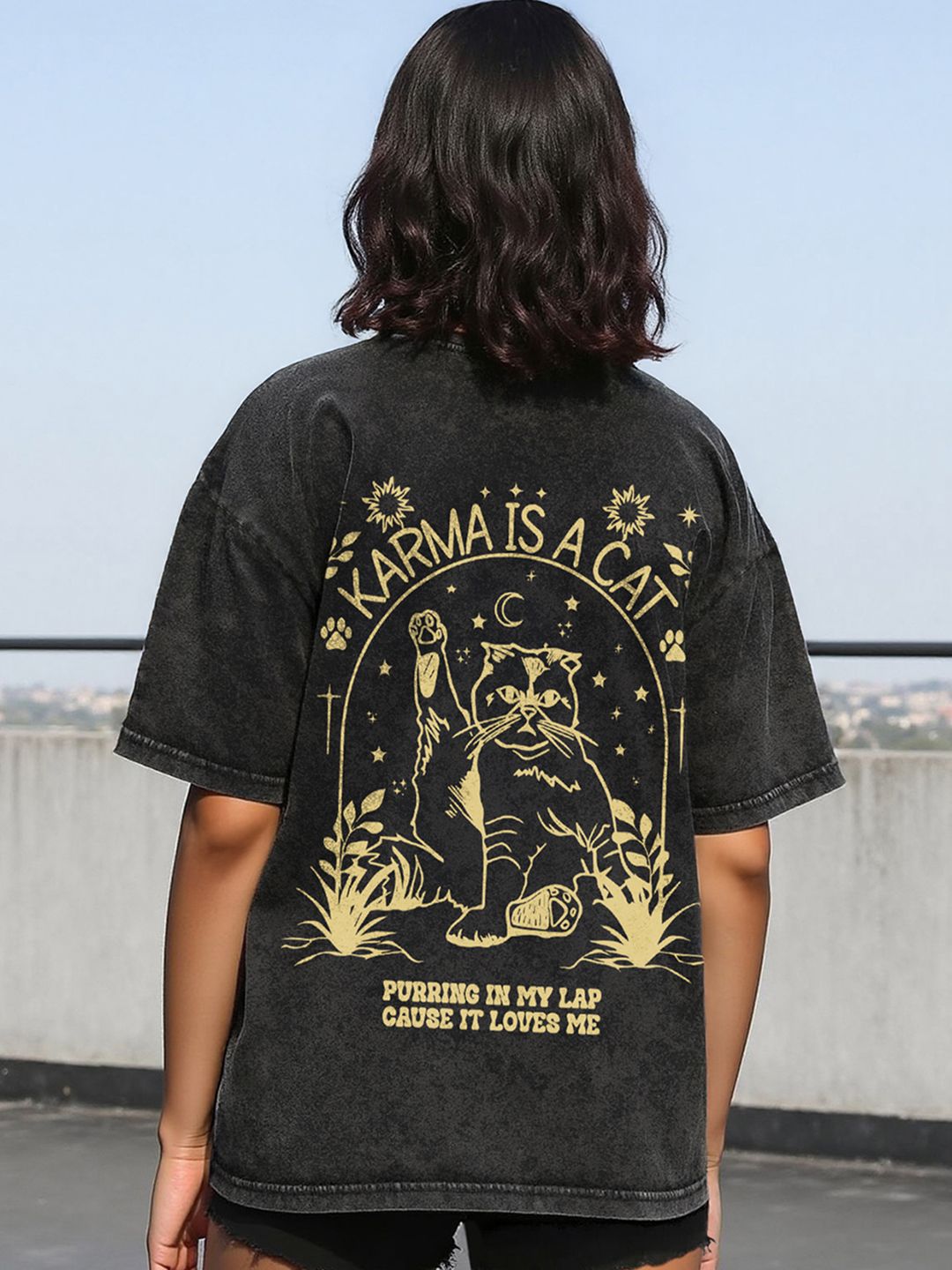 Bewakoof Women Karma Cat Black Graphic Printed Cotton Drop-Shoulder Sleeves Oversized Fit T-shirt