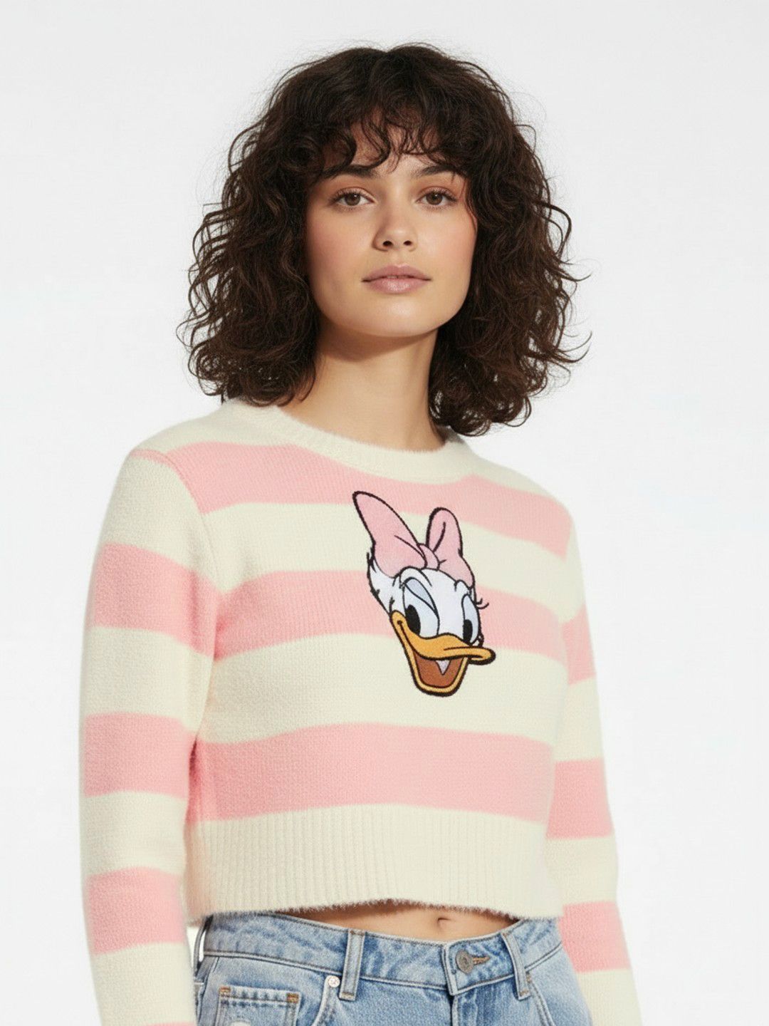 glitchez Striped Donald Duck Applique Detail Crop Pullover