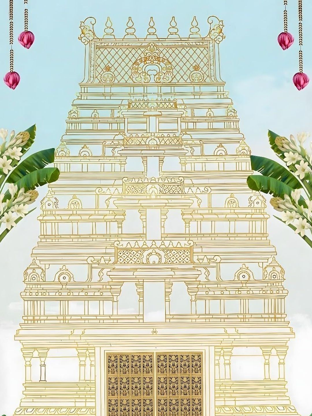 Backdropon Beige & Pink Lord Worship Temple Design Rectangular Backdrop Festive Decor