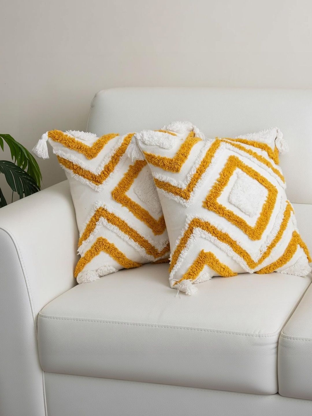 DMAASA White & Yellow Set of 2 Square Cushion Covers