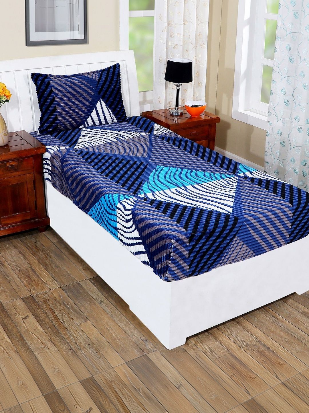 RD TREND Wool Blue 300 TC Single Fine Bedsheet with Pillow Cover