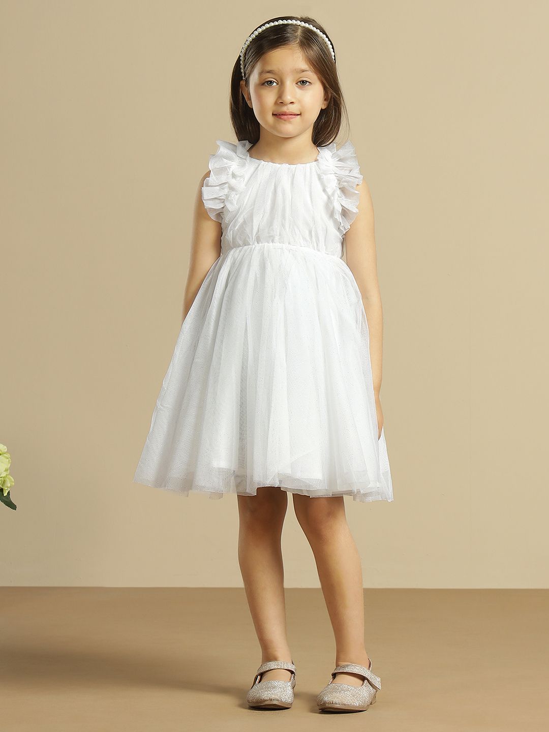 Miyo Girls Flutter Sleeve Ruffled Tulle Fit & Flare Midi Dress