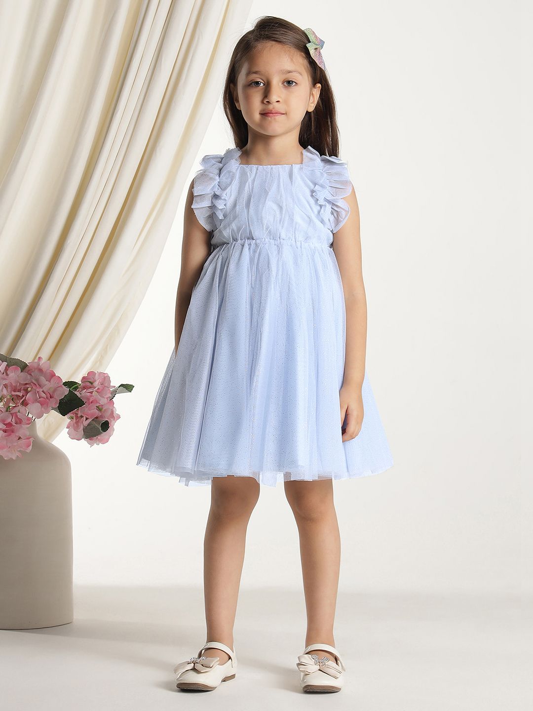 Miyo Girls Round Neck Flutter Sleeve Fit & Flare Dress