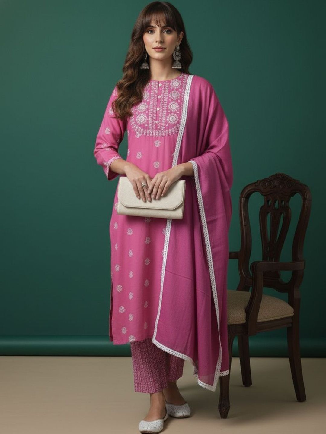 ADHIRITI Women Ethnic Motifs Embroidered Regular Thread Work Kurta with Trousers & With Dupatta