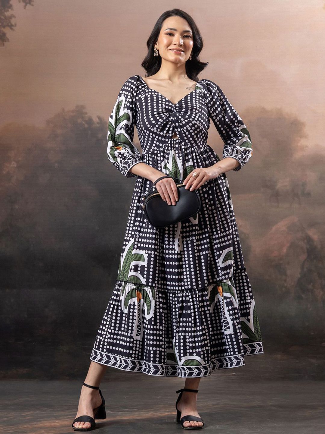 Amarasha Polka Dot Print Crepe Fit & Flare Midi Dress