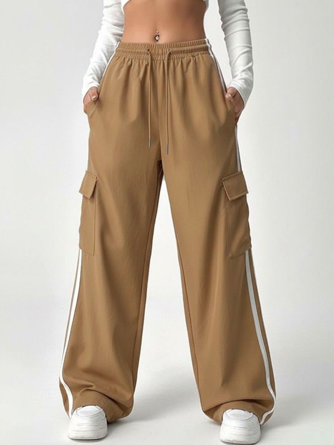 FELLAMO Women Striped Relaxed High-Rise Easy Wash Cargos Trousers