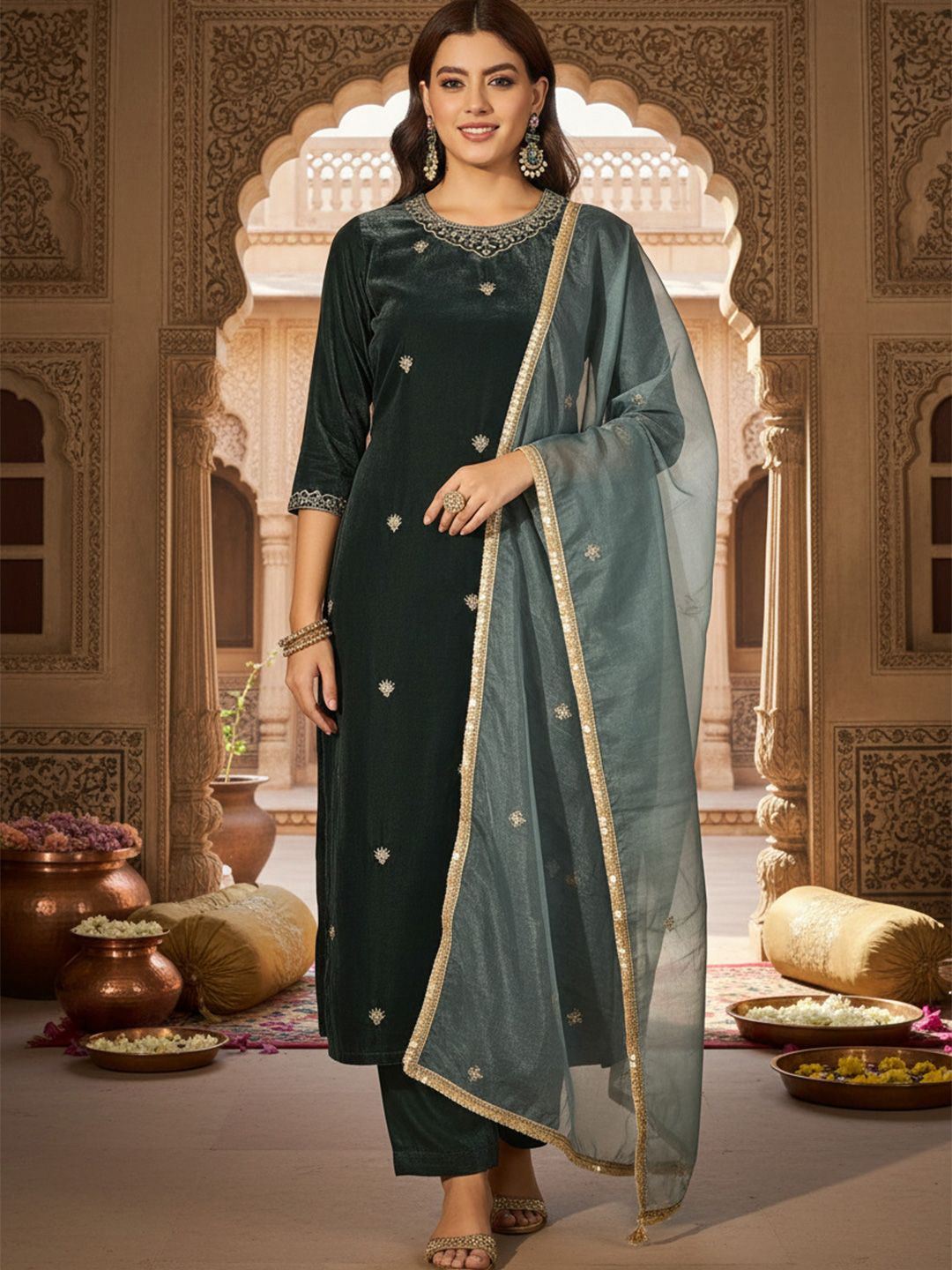 HERE&NOW Women Ethnic Motifs Embroidered Regular Thread Work Velvet Kurta with Trousers & With Dupatta
