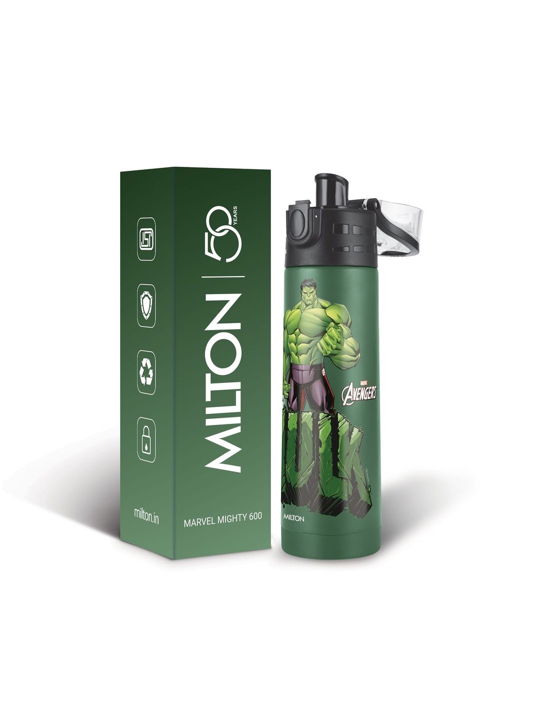 Milton Marvel Mighty 600 Green Hulk Print Thermosteel Leak Proof Water Bottle 500 ml