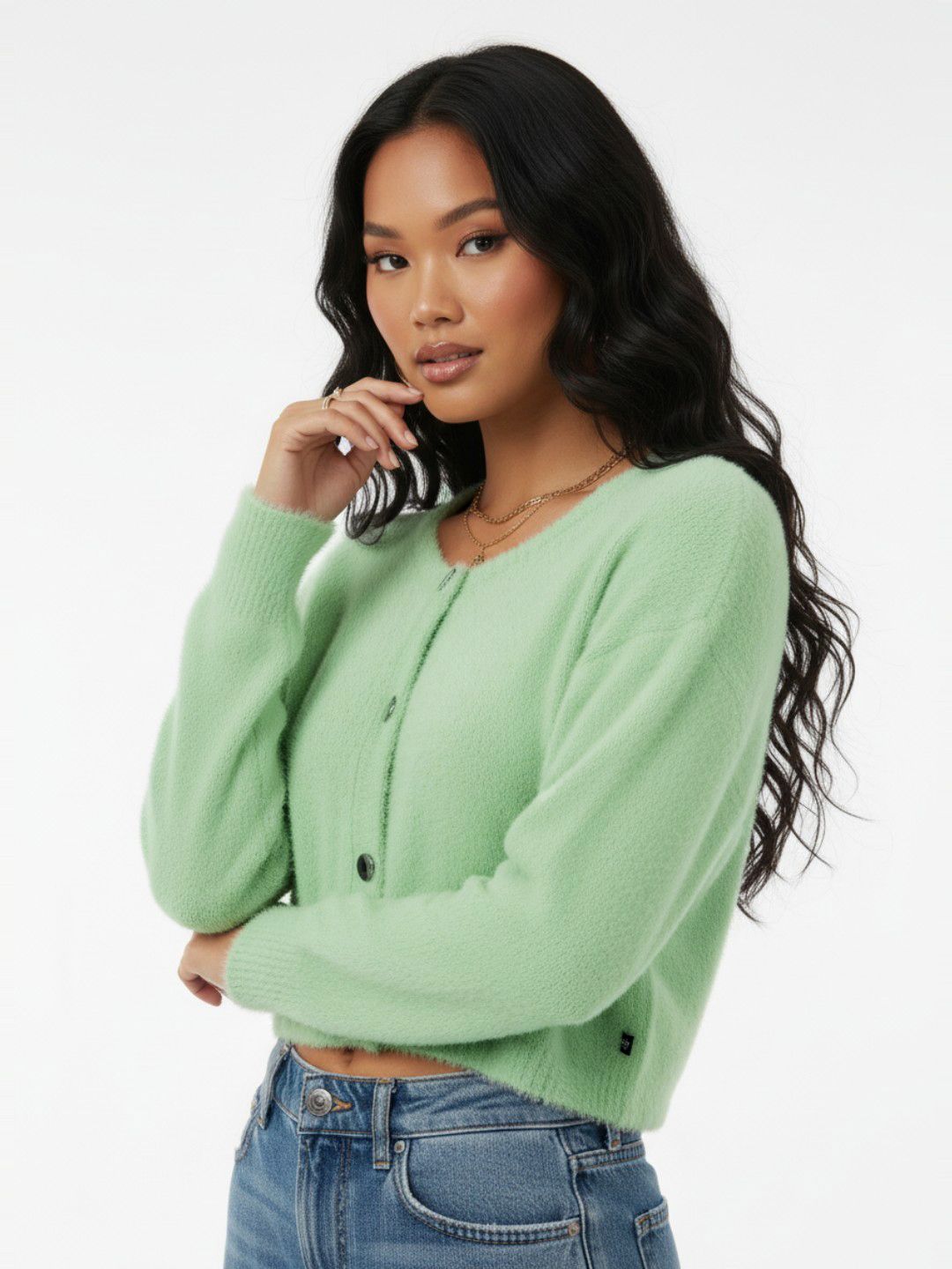 glitchez Ribbed Round Neck Cropped Fleece Cardigan