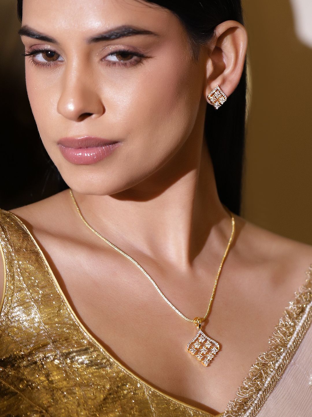Rubans 18K Gold-Plated Cubic Zirconia Studded Geometric Pendant Designer Necklace Set