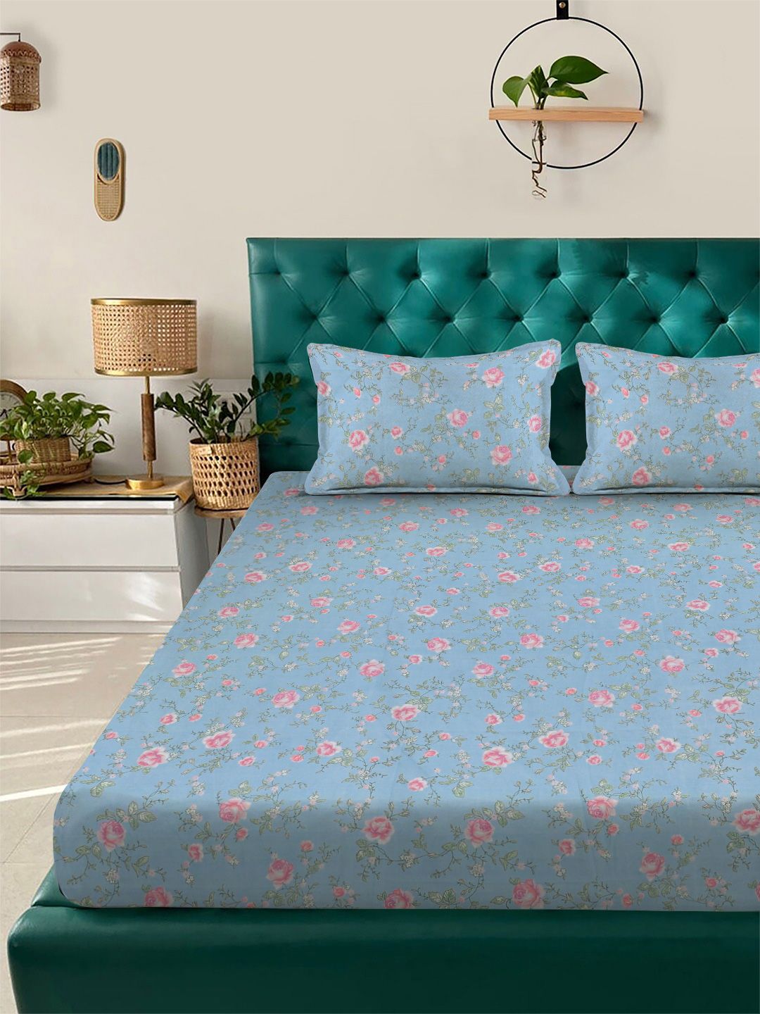 Buy Aura Blue & Pink Floral 350 TC Bedsheet With 2 Pillow Covers -  - Home for Unisex