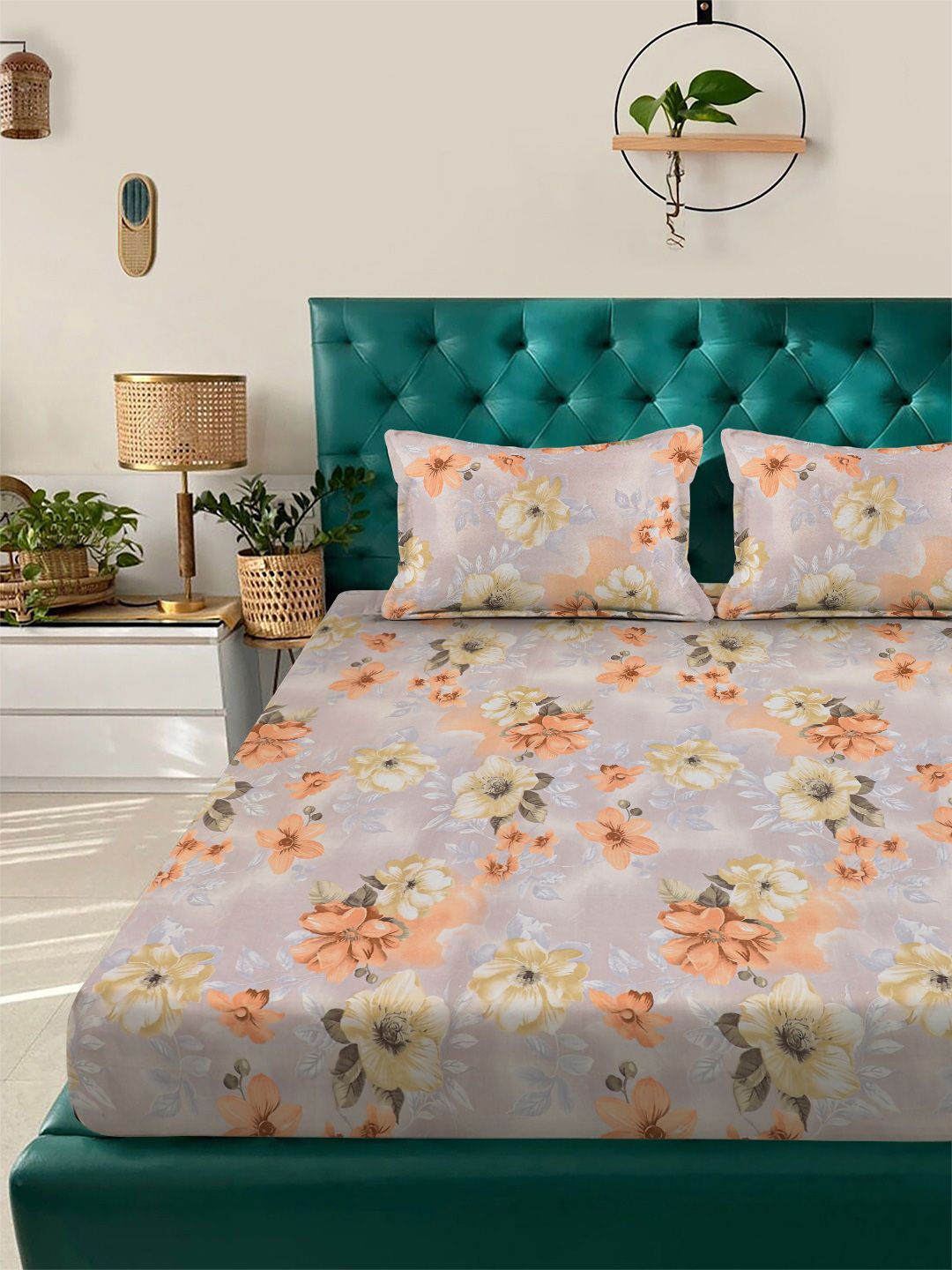 Buy Aura Grey & Pink Floral 350 TC Bedsheet With 2 Pillow Covers -  - Home for Unisex