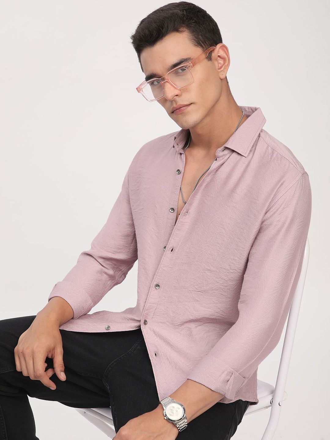 VASTRADO Dusty Rose Textured Polyester Long Sleeves Slim Fit Shirt