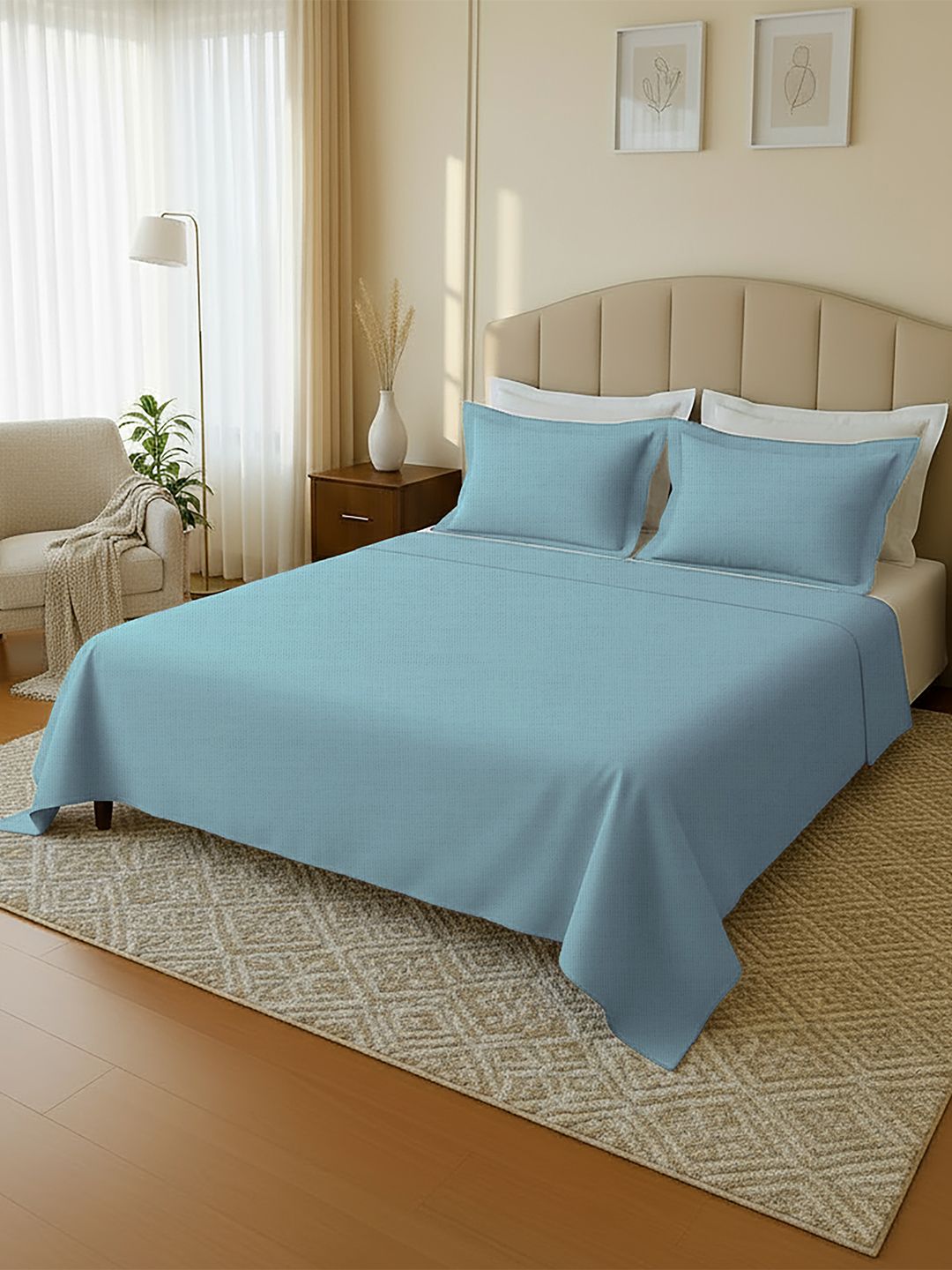 MAYFAIR HOMES LONDON Blue Pure Cotton 144 TC King Bedsheet with 2 Pillow Covers-108 x 88 inches