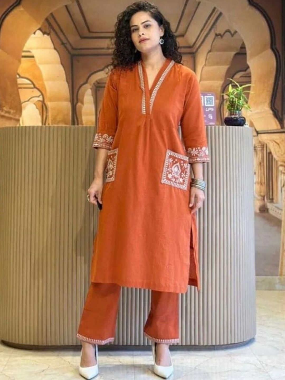 NavNari Printed Pure Cotton Polo Collar Top With Trousers Co-Ords