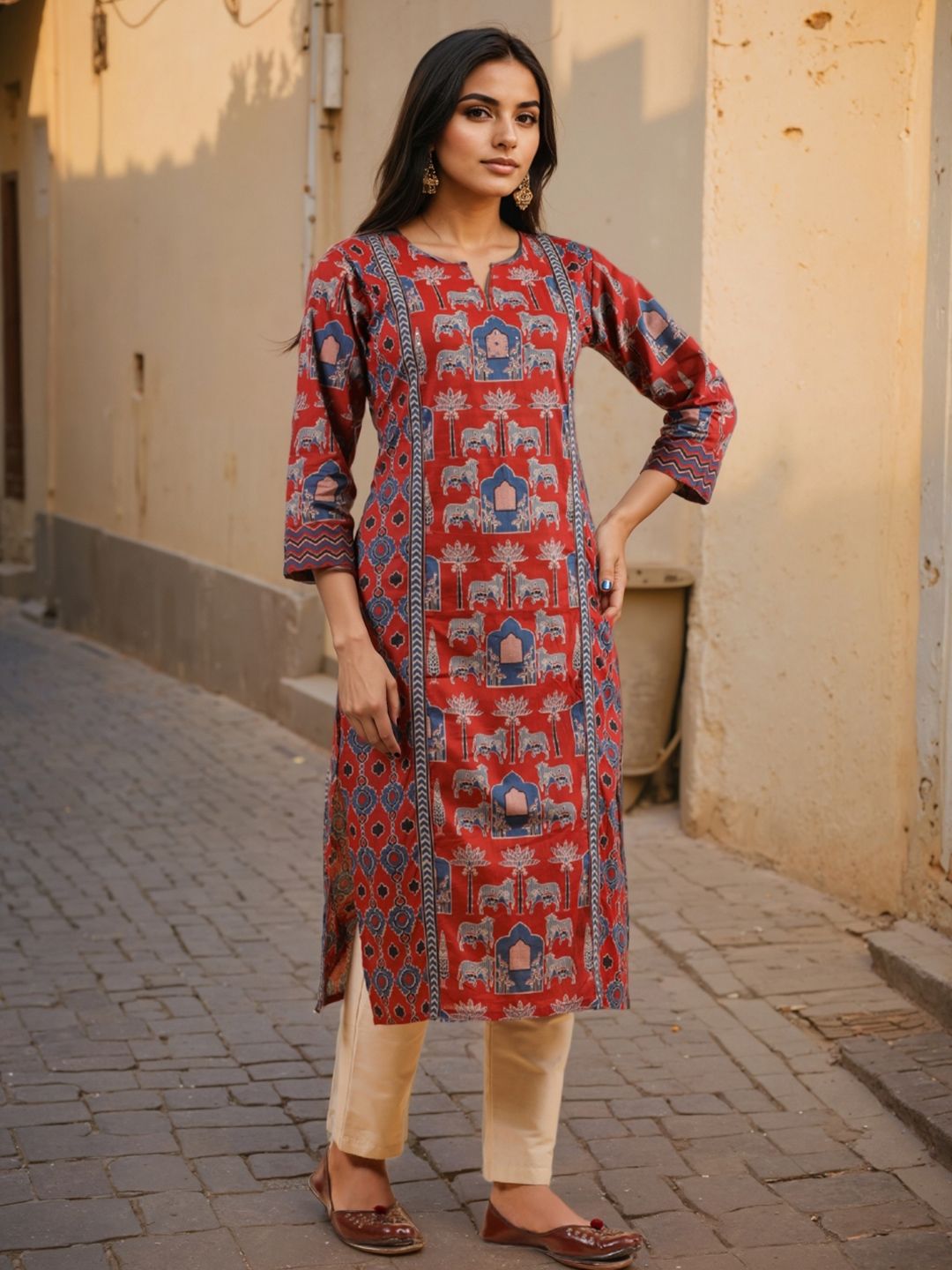GULMEHAK Floral Printed Notch Neck Cotton Straight Kurta