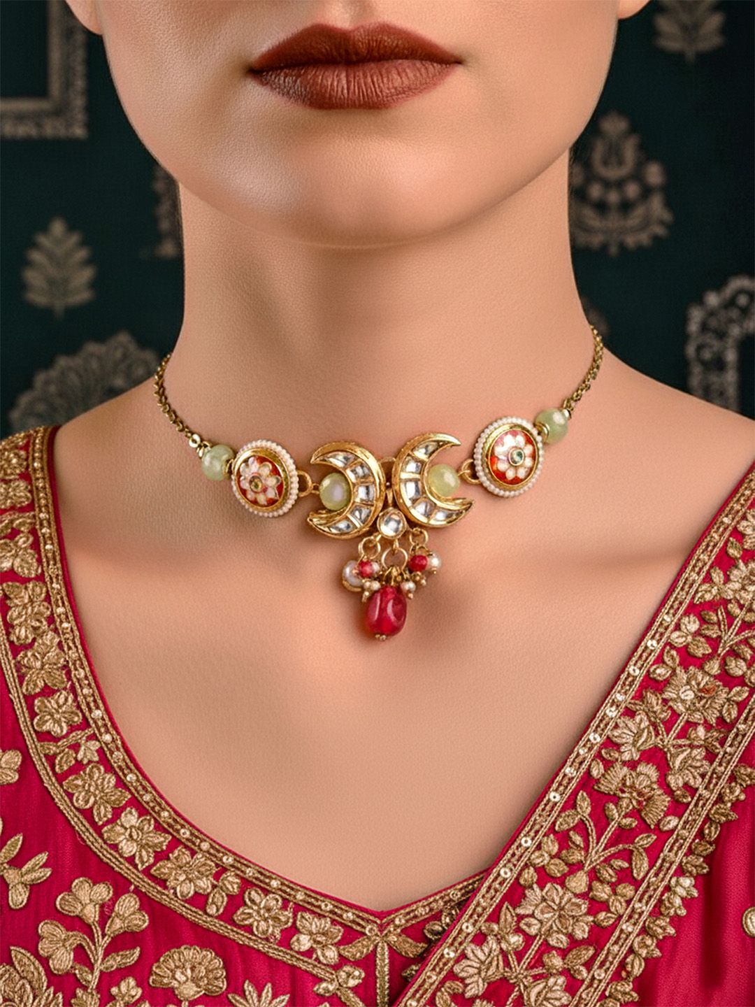 EVERSTYLISH Sanjoya Gold & Red Kundan Embroidered Choker with Golden Moons & Red Beads