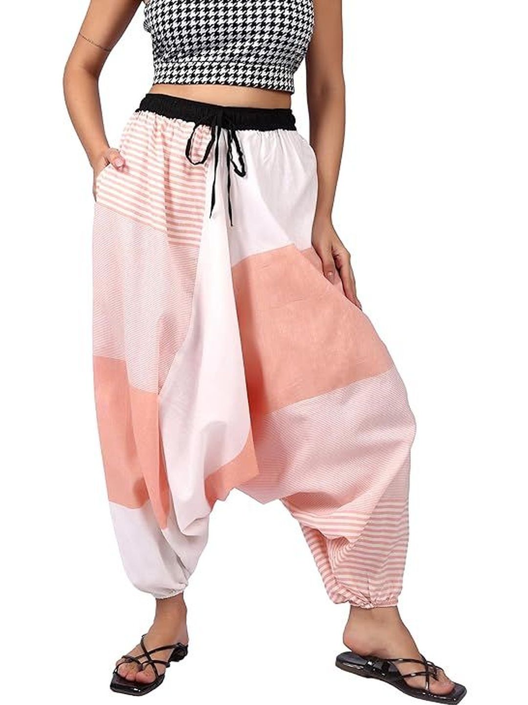 WHITEWHALE Unisex Loose Baggy Fit Striped Printed Harem Pants