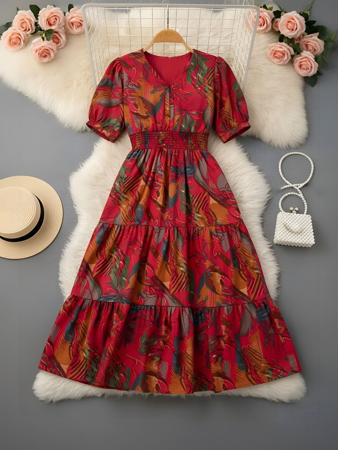 PTVIZE Abstract Print Puff Sleeve Crepe Fit & Flare Midi Dress